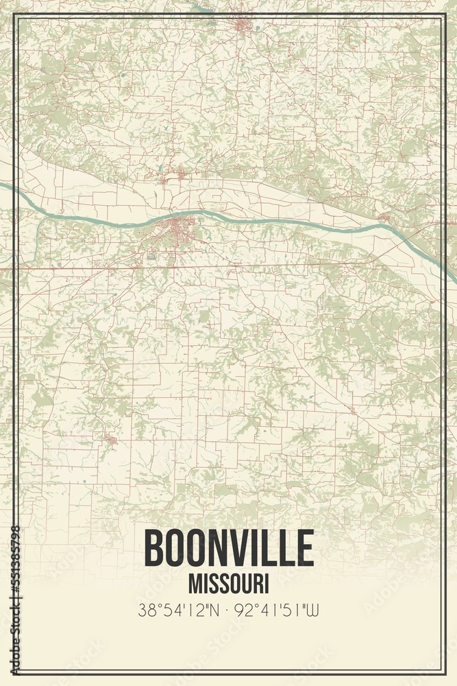Retro US city map of Boonville, Missouri. Vintage street map.