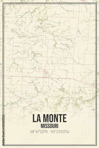 Retro US city map of La Monte  Missouri. Vintage street map.