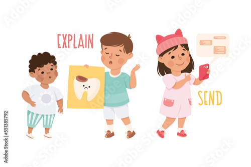 Little Boy and Girl Explaining and Sending Message Demonstrating Vocabulary and Verb Studying Vector Set