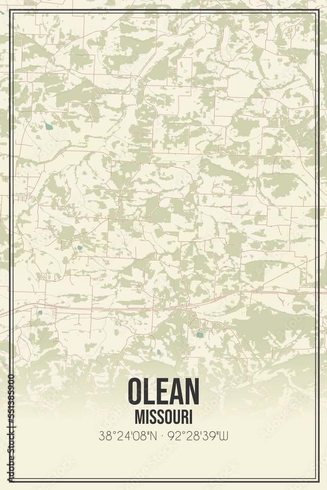 Retro US city map of Olean, Missouri. Vintage street map.