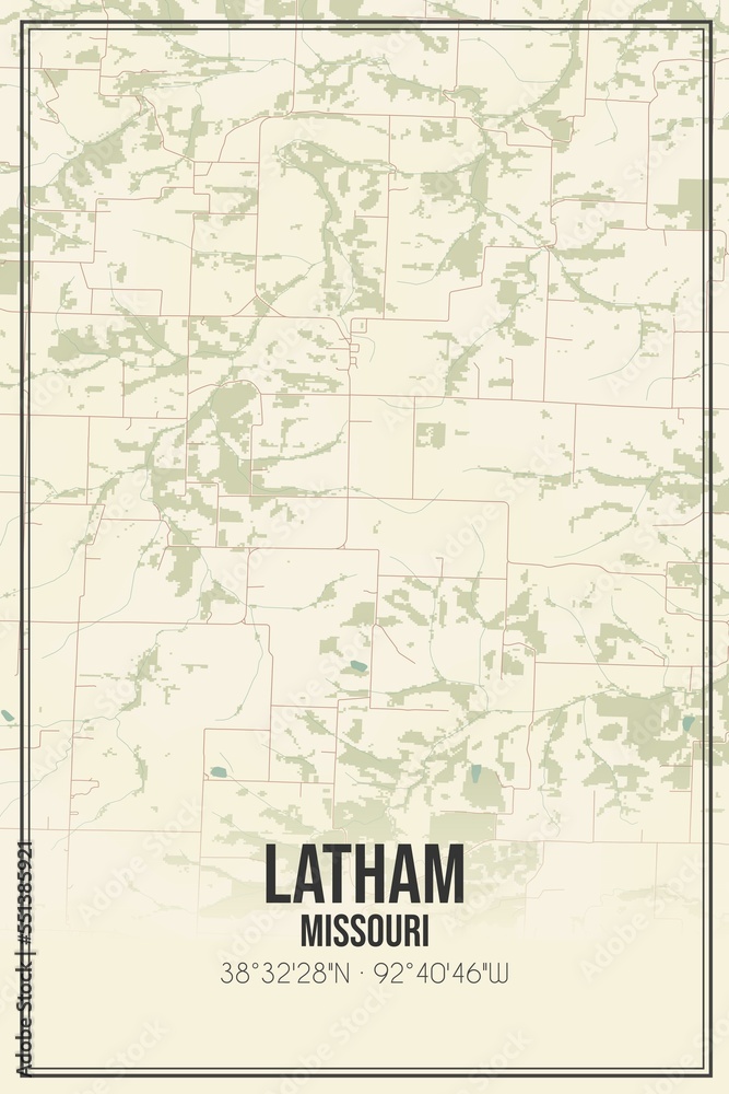 Retro US city map of Latham, Missouri. Vintage street map.