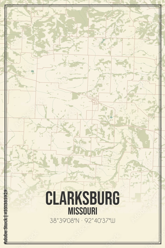 Retro US city map of Clarksburg, Missouri. Vintage street map.