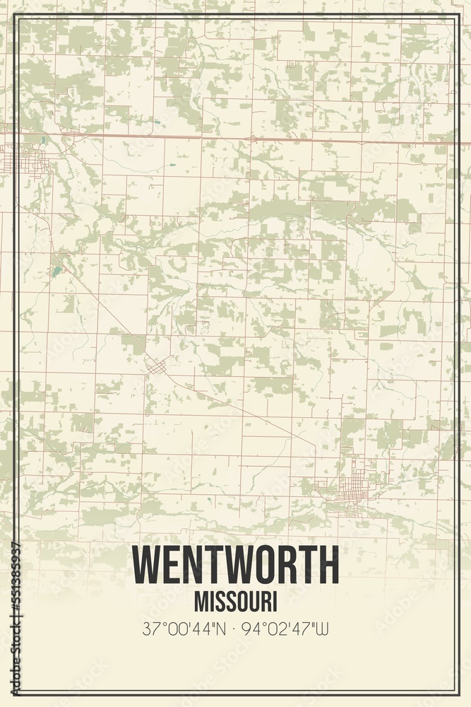 Retro US city map of Wentworth, Missouri. Vintage street map.