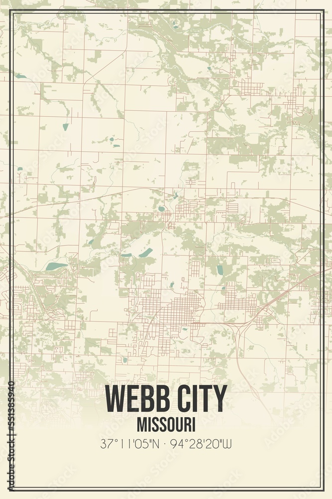 Retro US city map of Webb City, Missouri. Vintage street map.