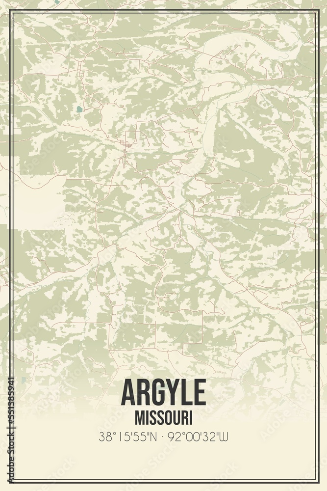 Retro US city map of Argyle, Missouri. Vintage street map.