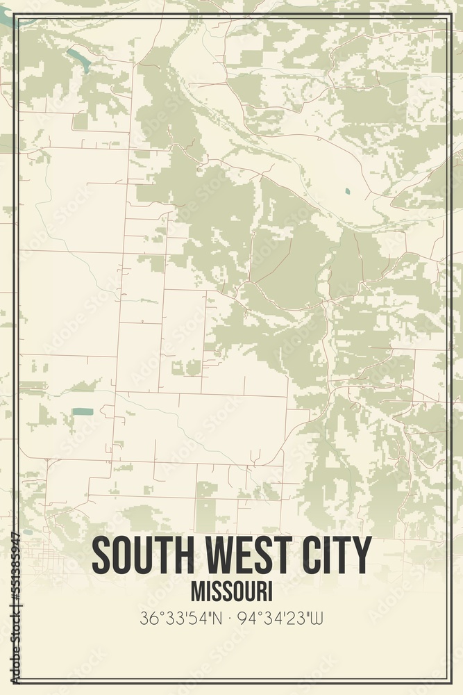 Retro US city map of South West City, Missouri. Vintage street map.