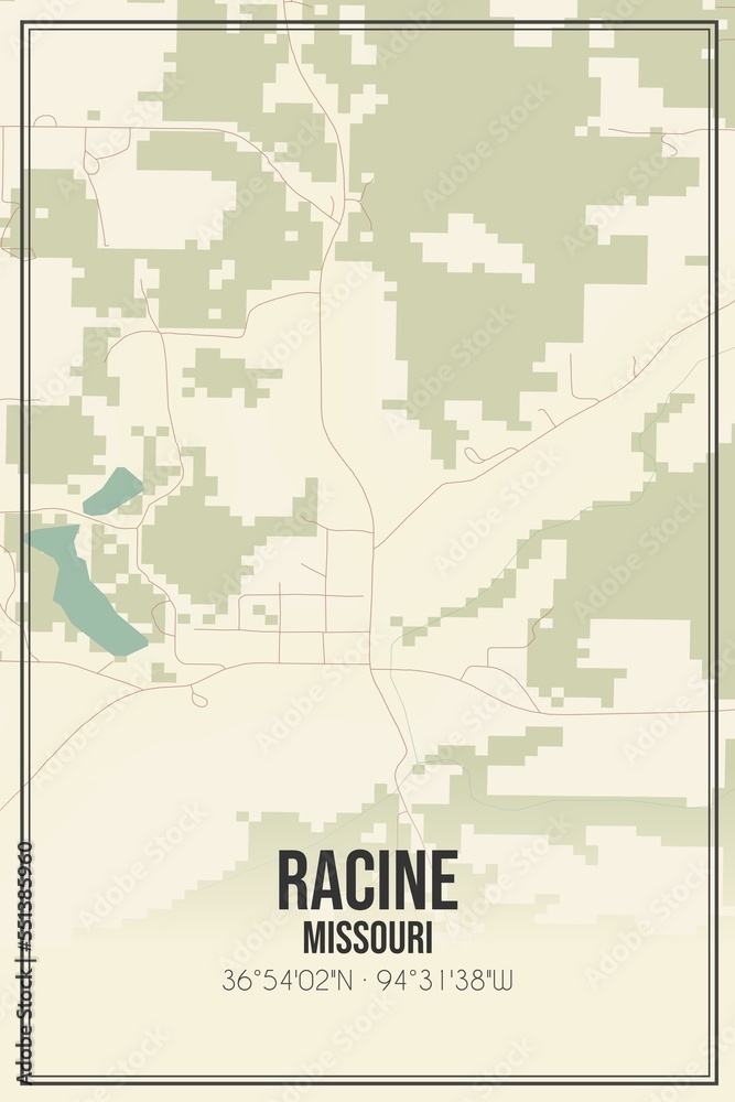 Retro US city map of Racine, Missouri. Vintage street map.