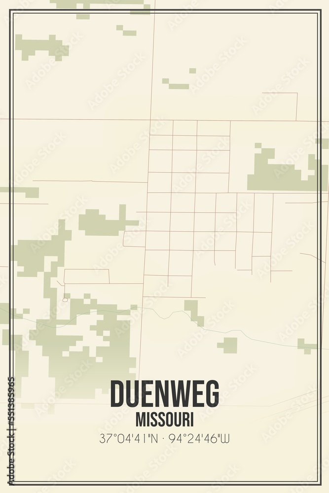 Retro US city map of Duenweg, Missouri. Vintage street map.