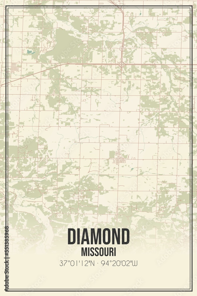 Retro US city map of Diamond, Missouri. Vintage street map.