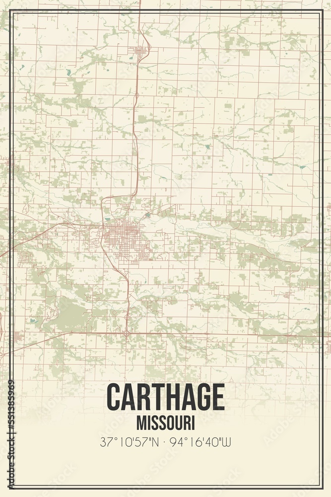 Retro US city map of Carthage, Missouri. Vintage street map.