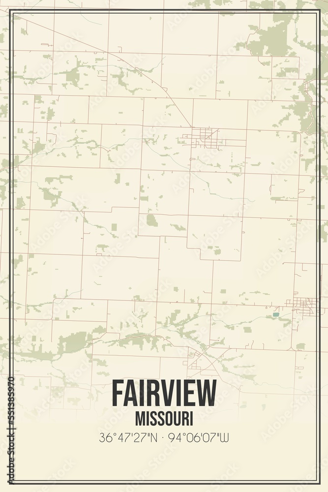 Retro US city map of Fairview, Missouri. Vintage street map.