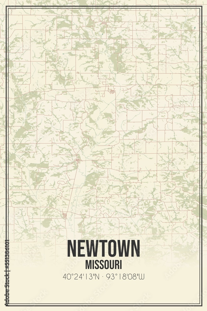 Retro US city map of Newtown, Missouri. Vintage street map.