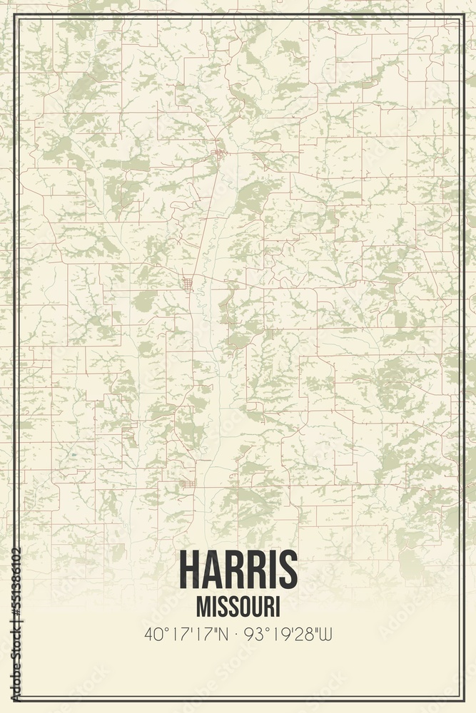 Retro US city map of Harris, Missouri. Vintage street map.