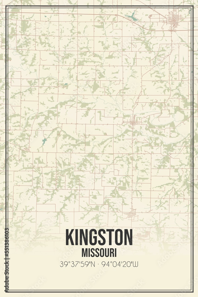Retro US city map of Kingston, Missouri. Vintage street map.