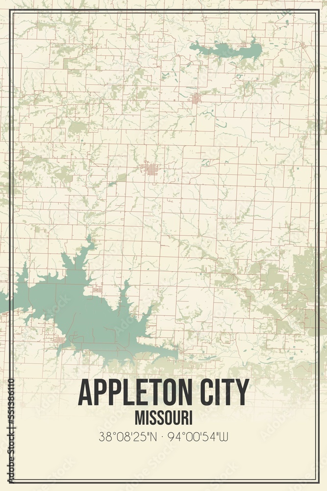 Retro US city map of Appleton City, Missouri. Vintage street map.