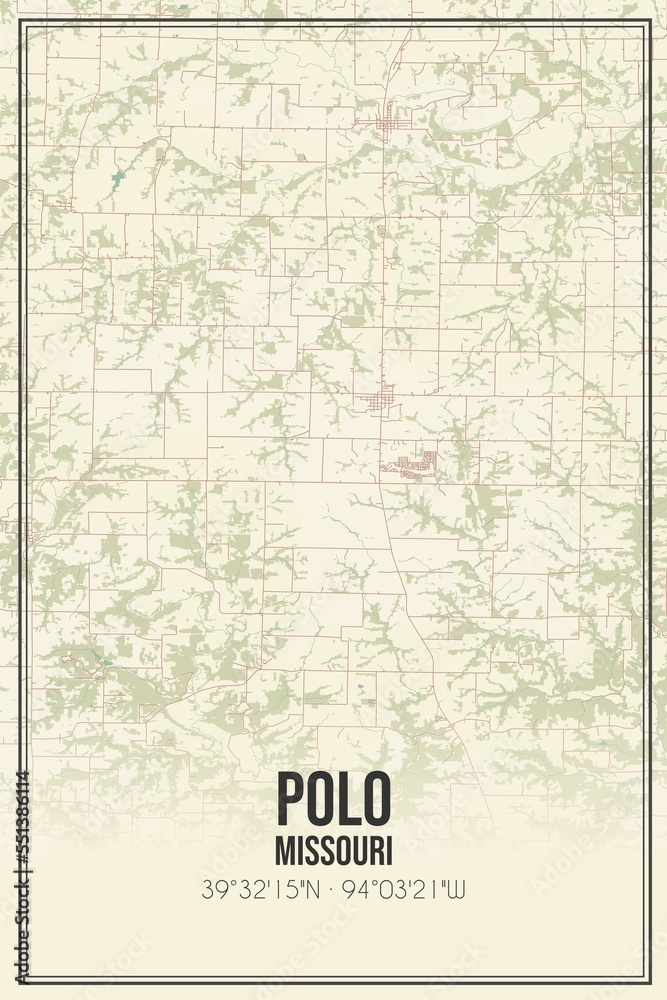 Retro US city map of Polo, Missouri. Vintage street map.