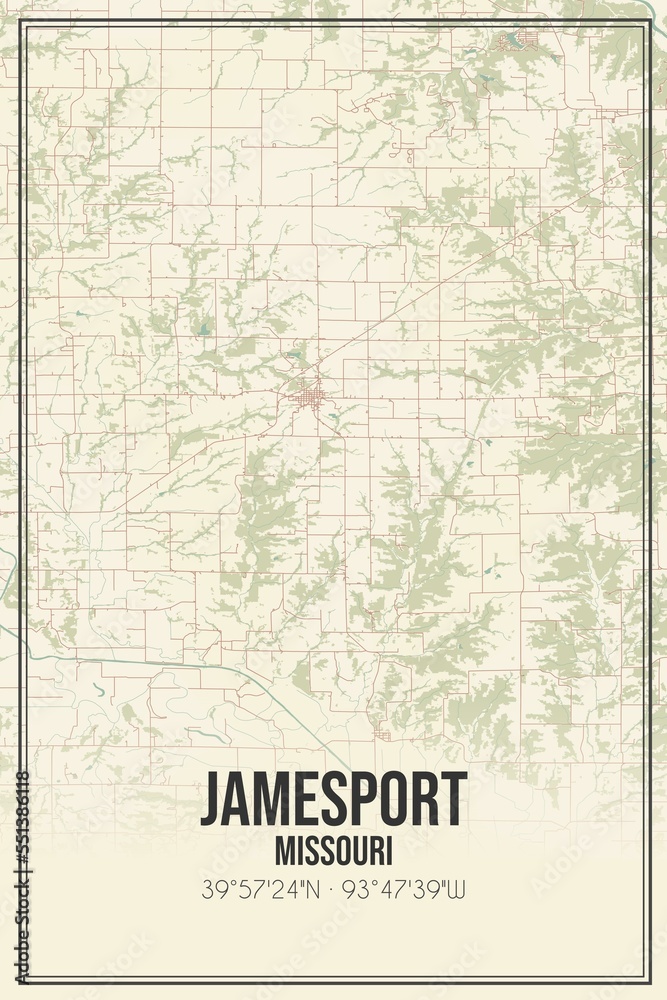 Retro US city map of Jamesport, Missouri. Vintage street map.