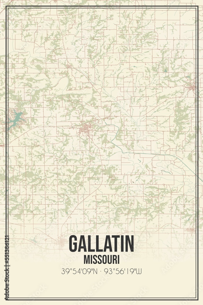 Retro US city map of Gallatin, Missouri. Vintage street map.