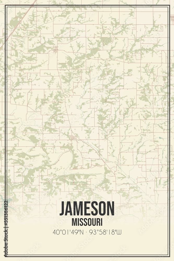 Retro US city map of Jameson, Missouri. Vintage street map.