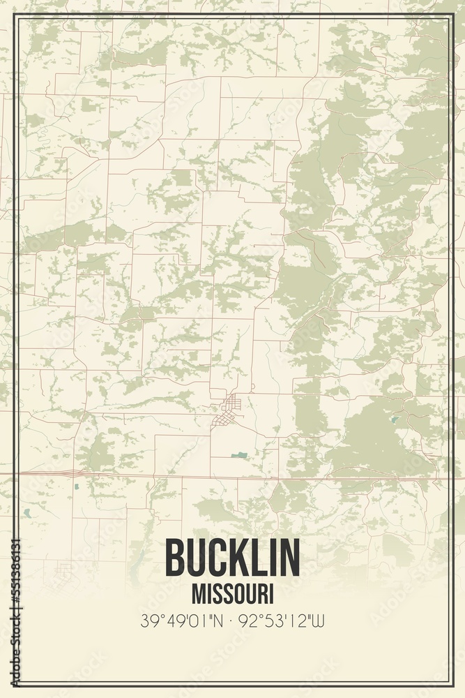 Retro US city map of Bucklin, Missouri. Vintage street map.