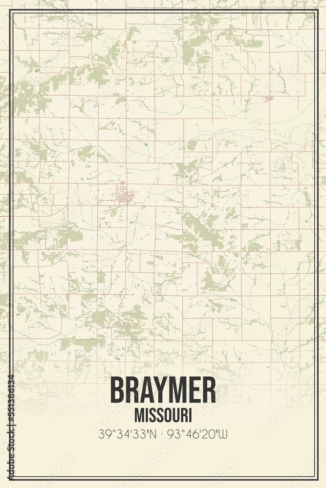 Retro US city map of Braymer, Missouri. Vintage street map.