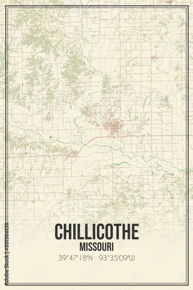 Retro US city map of Chillicothe, Missouri. Vintage street map.