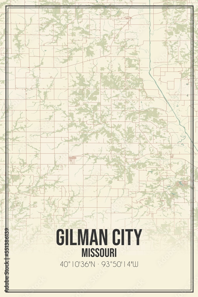 Retro US city map of Gilman City, Missouri. Vintage street map.