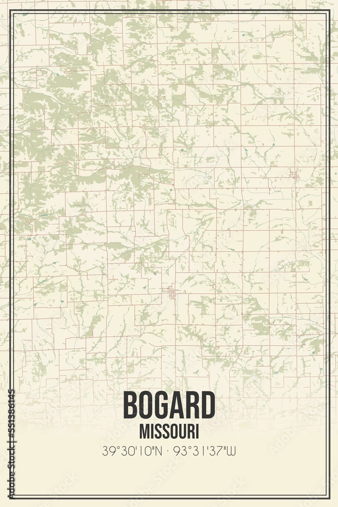 Retro US city map of Bogard, Missouri. Vintage street map.