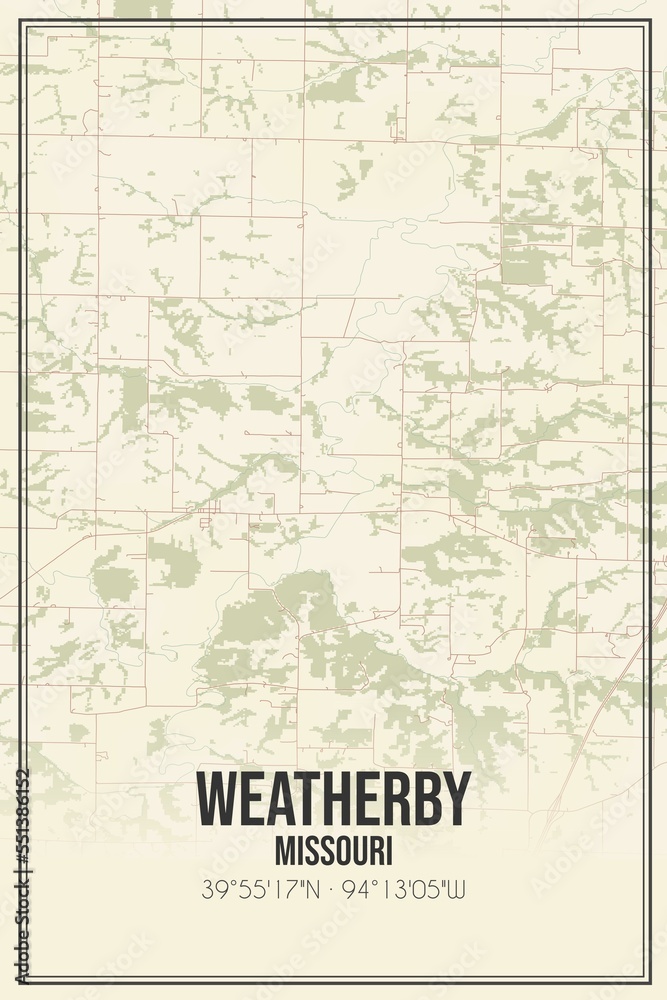 Retro US city map of Weatherby, Missouri. Vintage street map.
