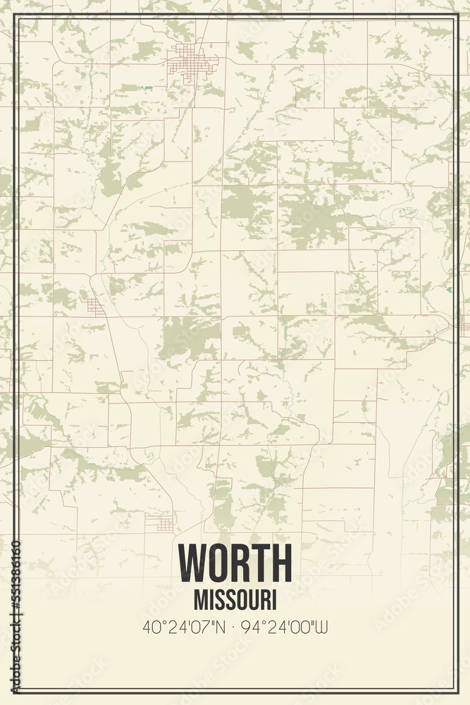 Retro US city map of Worth, Missouri. Vintage street map.