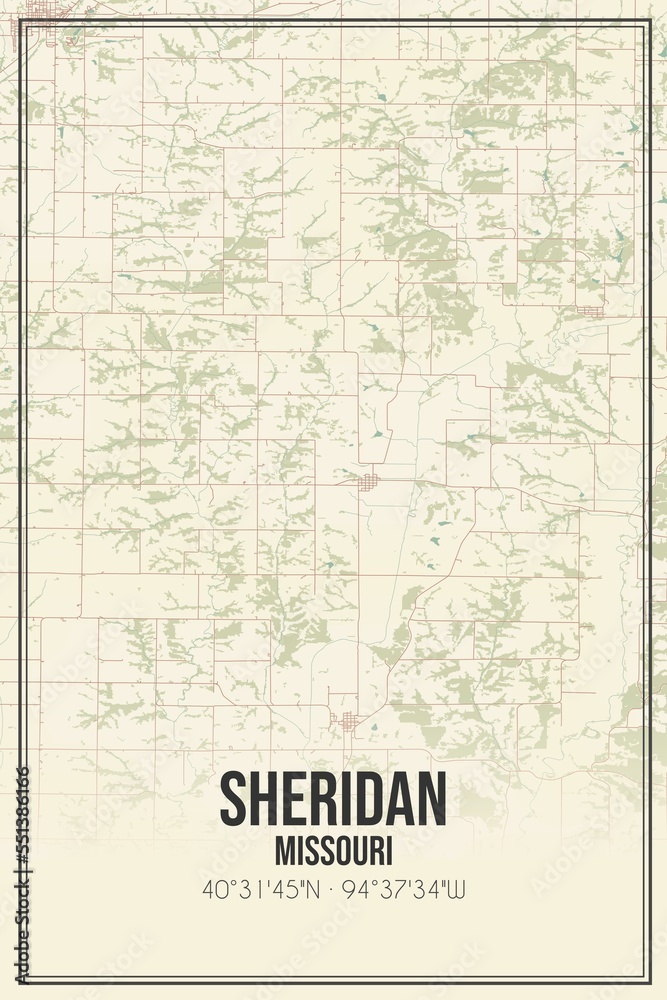 Retro US city map of Sheridan, Missouri. Vintage street map.