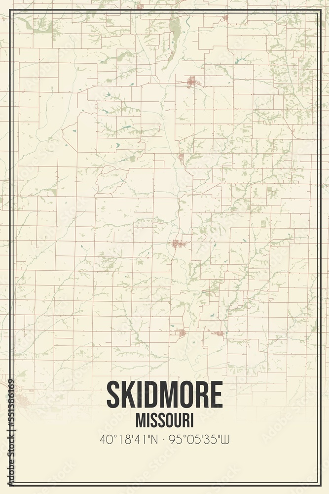 Retro US city map of Skidmore, Missouri. Vintage street map.