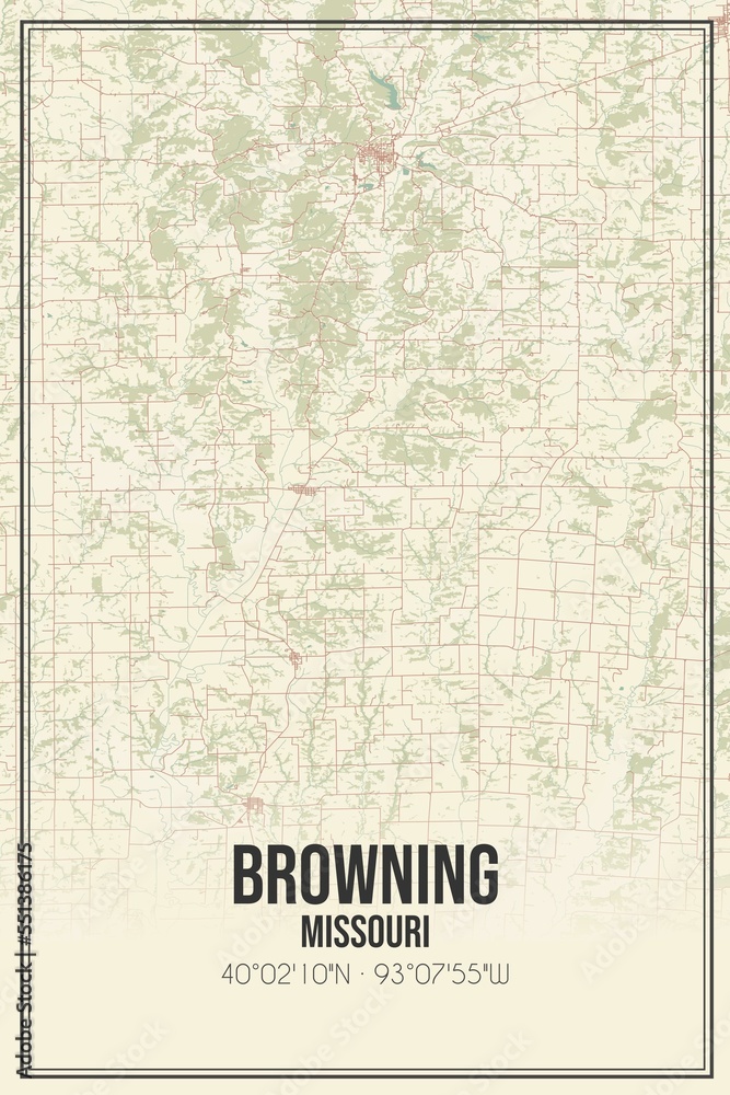 Retro US city map of Browning, Missouri. Vintage street map.