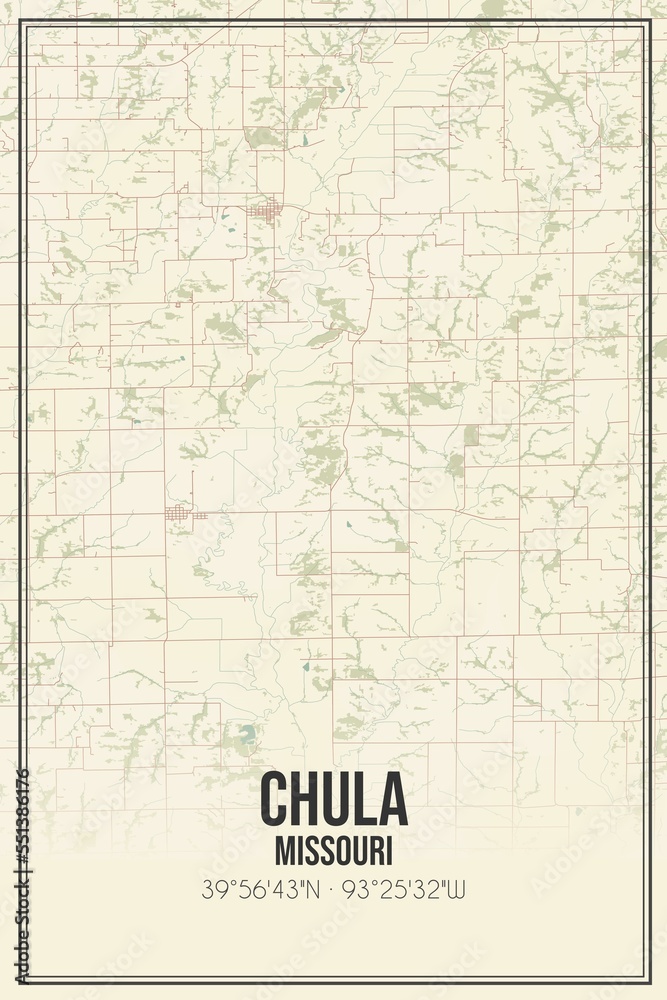 Retro US city map of Chula, Missouri. Vintage street map.