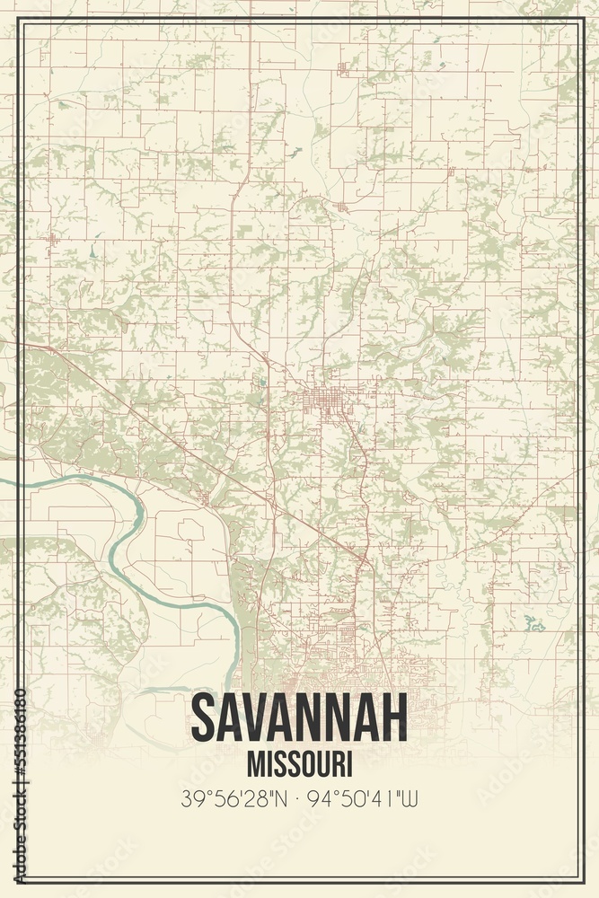 Retro US city map of Savannah, Missouri. Vintage street map.
