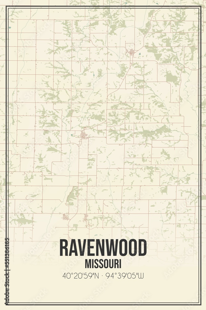 Retro US city map of Ravenwood, Missouri. Vintage street map.
