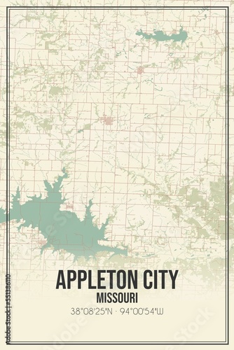 Retro US city map of Appleton City  Missouri. Vintage street map.