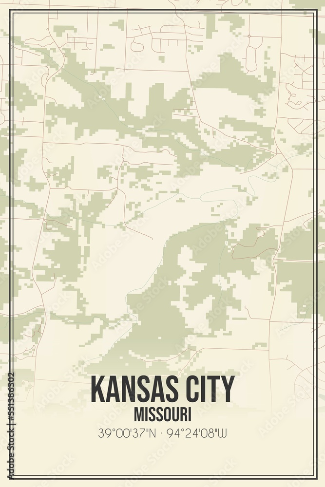 Retro US city map of Kansas City, Missouri. Vintage street map.