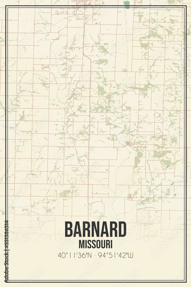 Retro US city map of Barnard, Missouri. Vintage street map.