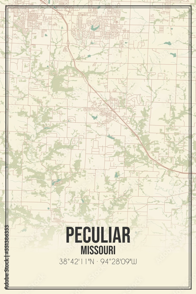 Retro US city map of Peculiar, Missouri. Vintage street map.