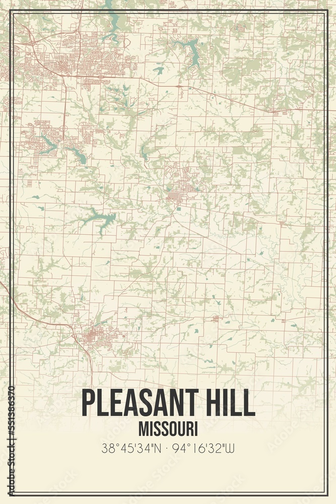 Retro US city map of Pleasant Hill, Missouri. Vintage street map.