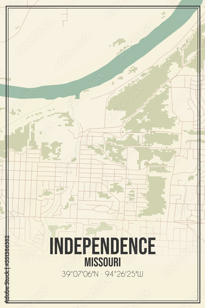 Retro US city map of Independence, Missouri. Vintage street map.
