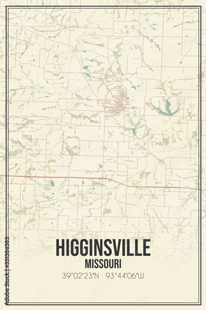 Retro US city map of Higginsville, Missouri. Vintage street map.