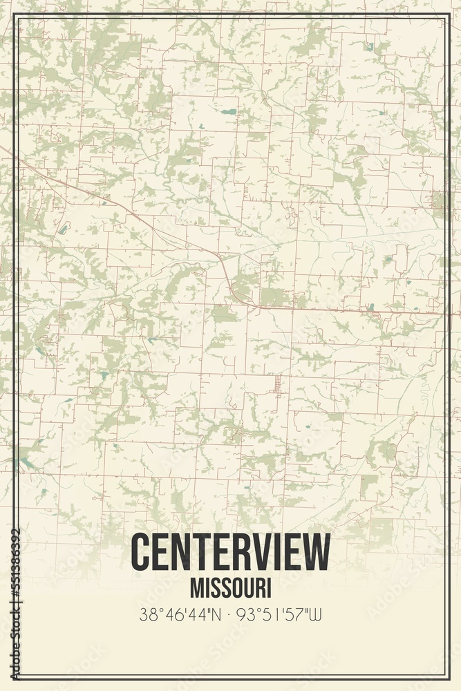 Retro US city map of Centerview, Missouri. Vintage street map.