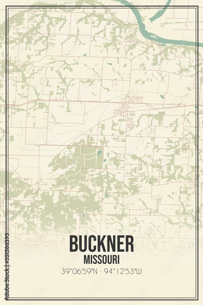 Retro US city map of Buckner, Missouri. Vintage street map.