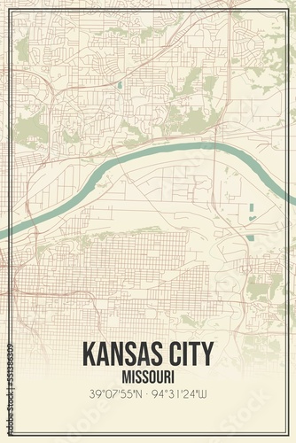 Retro US city map of Kansas City  Missouri. Vintage street map.