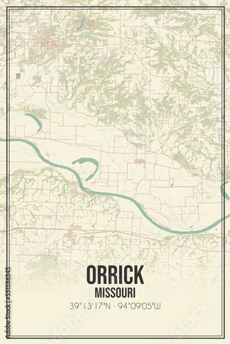 Retro US city map of Orrick  Missouri. Vintage street map.