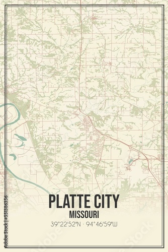 Retro US city map of Platte City  Missouri. Vintage street map.