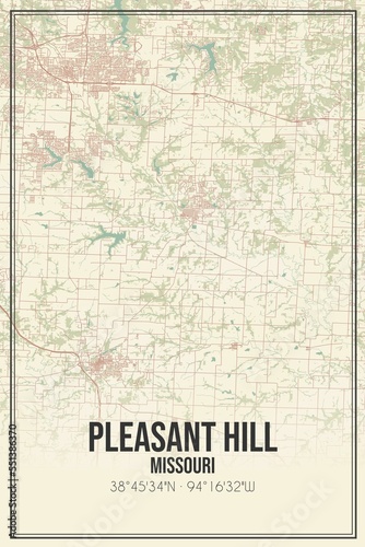 Retro US city map of Pleasant Hill, Missouri. Vintage street map.