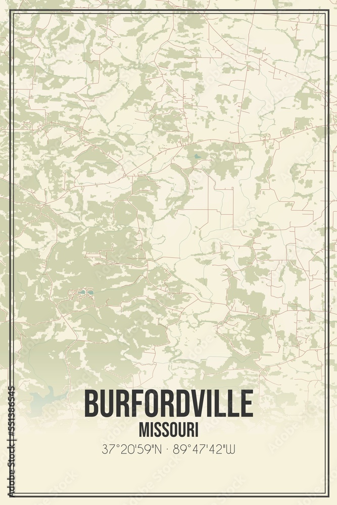 Retro US city map of Burfordville, Missouri. Vintage street map.